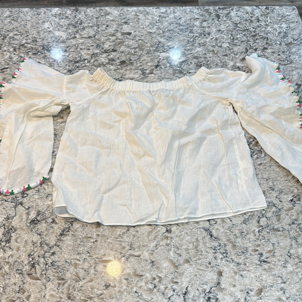 Zara | Off the Shoulder Linen Bell Sleeve Blouse in White Size M Medium - Picture 4 of 11